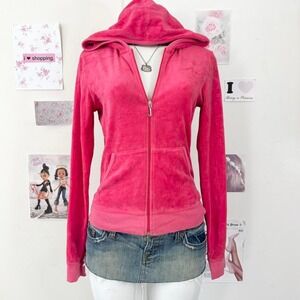 Vintage Juicy Couture Pink Velour Zip Up Hoodie Back Logo – Size M